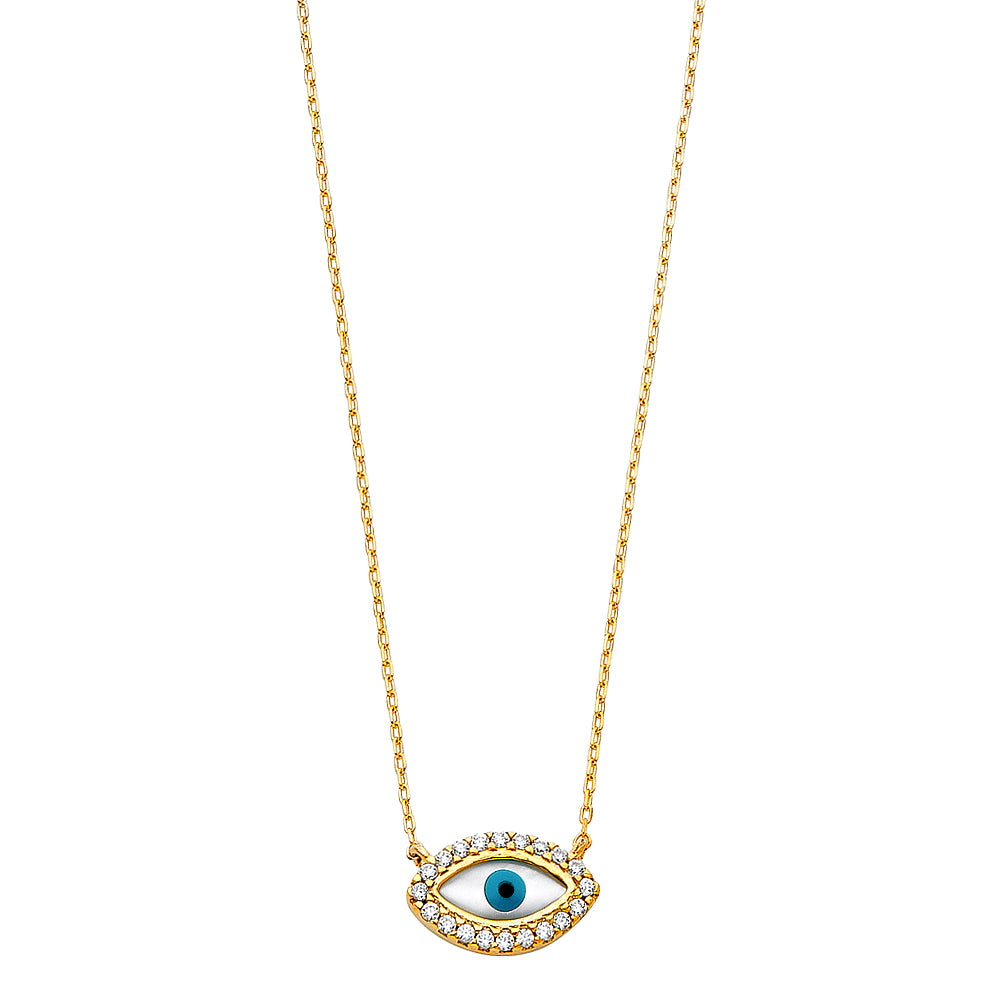 Collar con colgante de circonita cúbica de ojo malvado en forma de almendra de oro macizo de 14 quilates, 17+1'