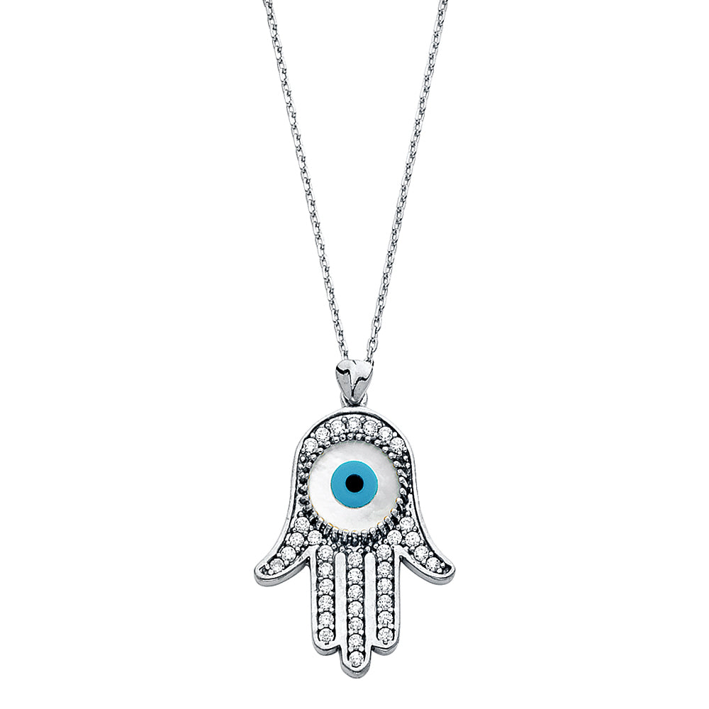 Collar con colgante de circonita cúbica de mano de mal de ojo de oro macizo de 14 quilates, 17+1'
