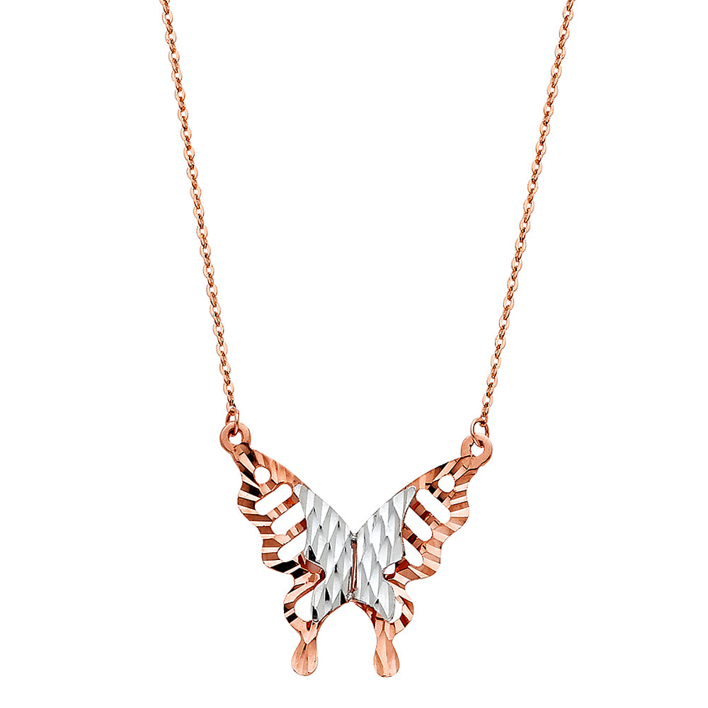 Collar de circonita cúbica de doble mariposa de dos colores de oro macizo de 14 quilates 17 + 1'