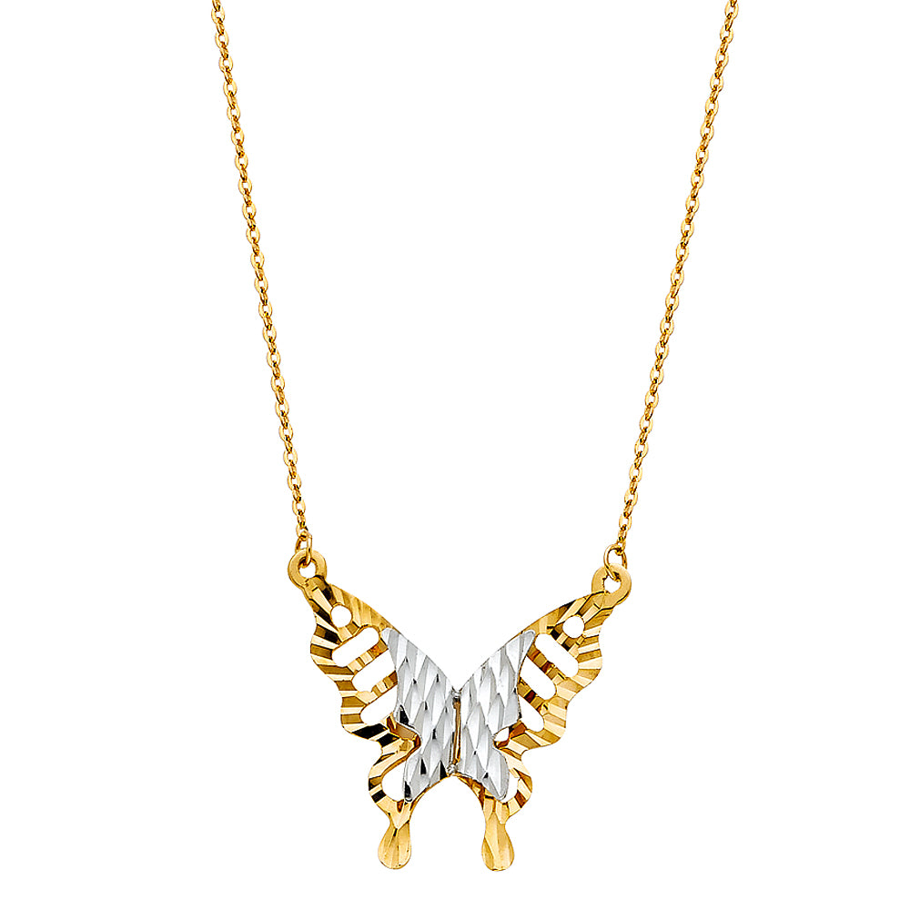 Collar de circonita cúbica de doble mariposa de dos colores de oro macizo de 14 quilates 17 + 1'