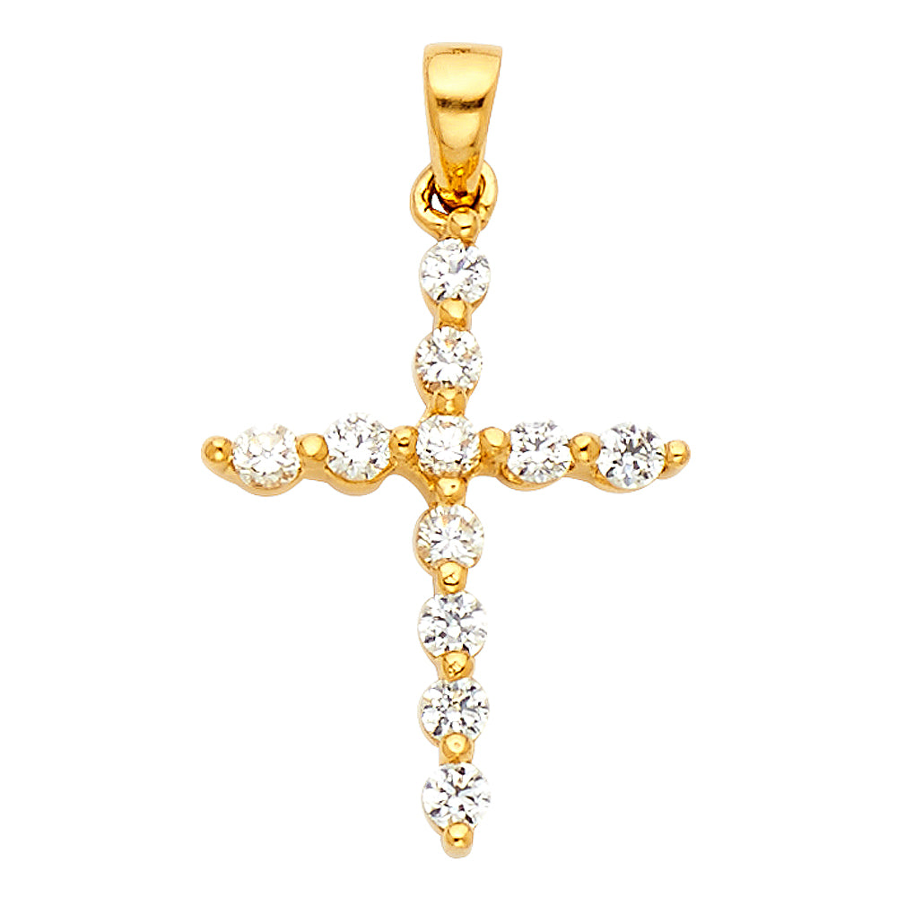 14K yellow gold cross pendant with white CZ stones, measuring approximately 1 inch with bail.