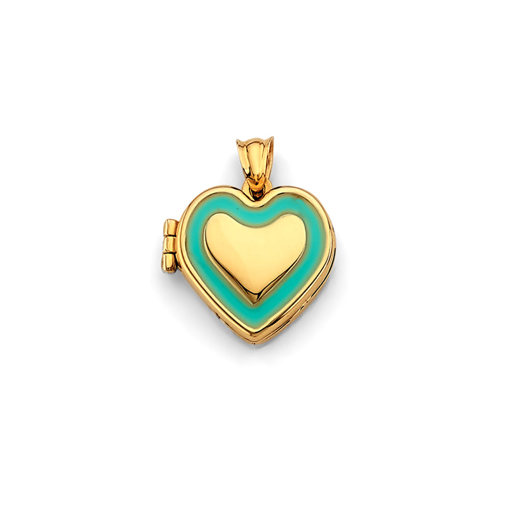 14k gold heart locket pendant with blue accent