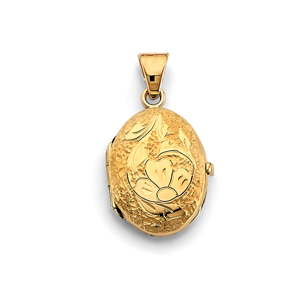 14k gold oval locket pendant with flower design