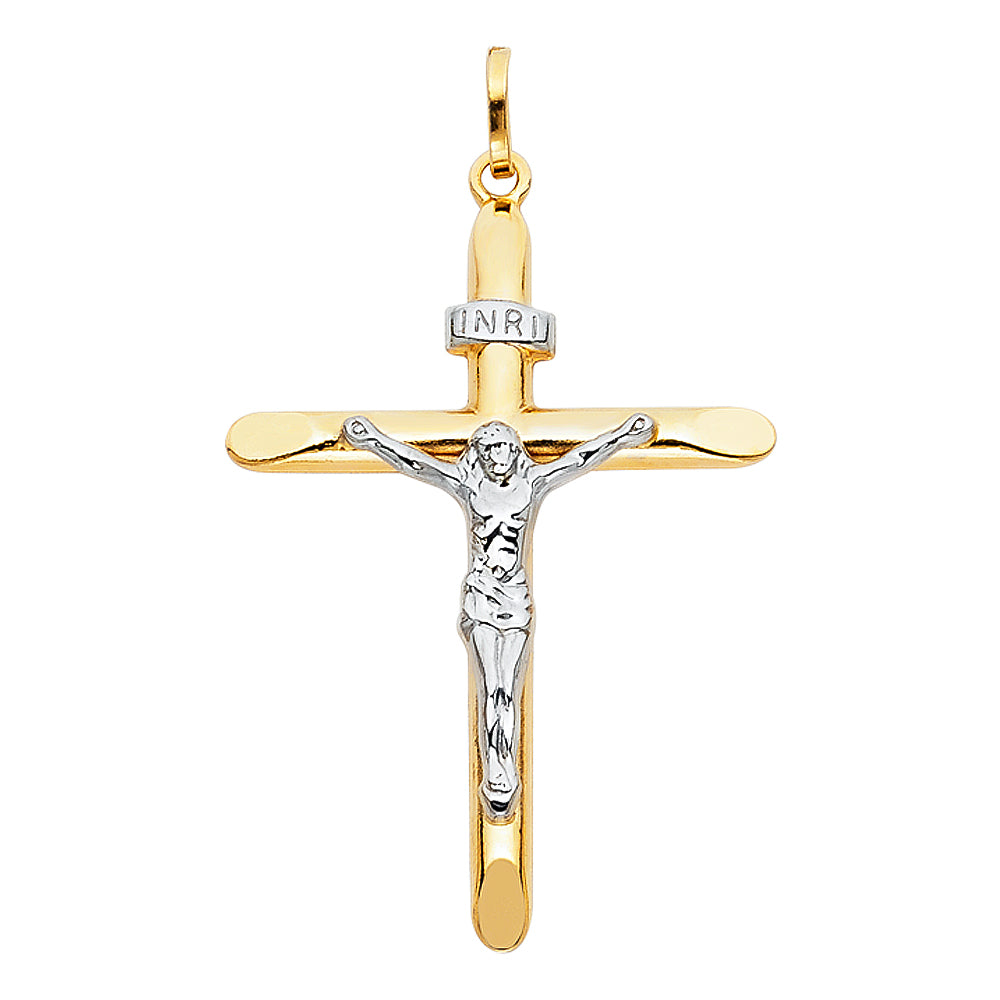 Colgante de crucifijo de oro macizo de 14 quilates en dos tonos