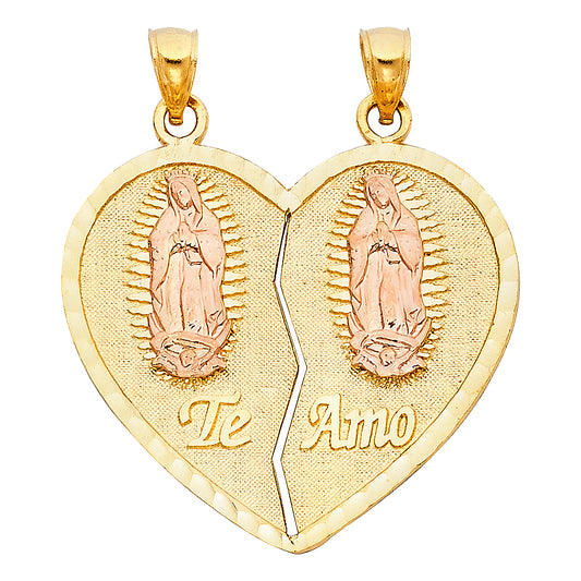 14K Solid Gold Two Tone Guadalupe Split Heart Pendant