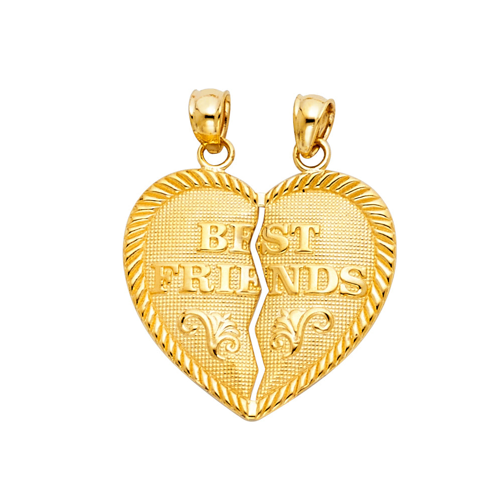 Colgante de mejores amigos con corazón roto de oro macizo de 14 quilates