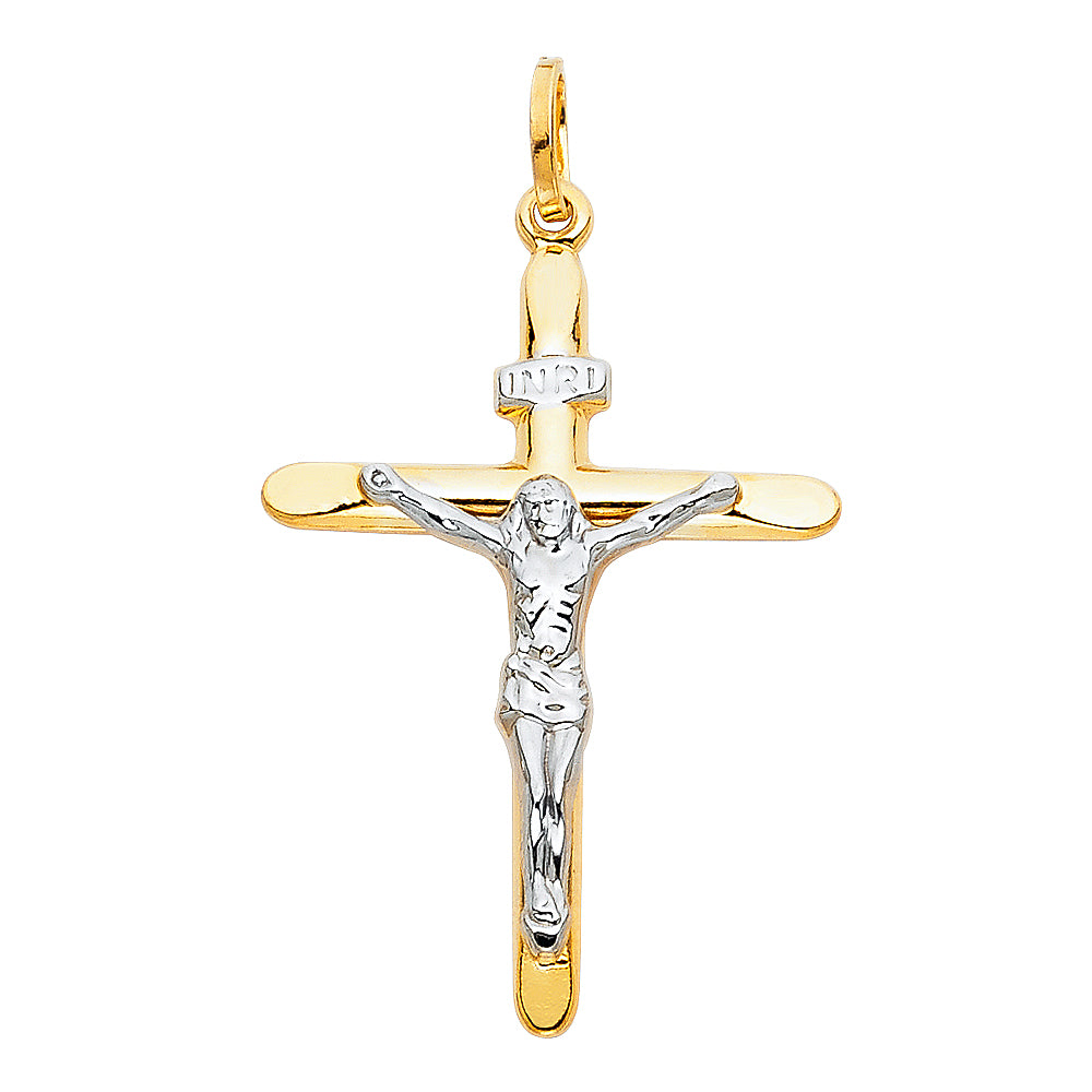 Colgante de crucifijo de oro macizo de 14 quilates en dos tonos