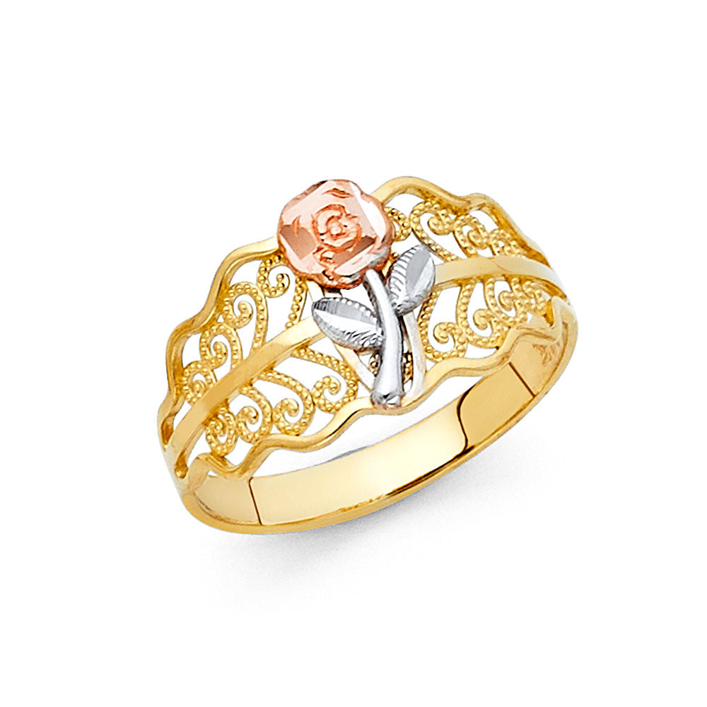 Romantic 14K gold rose ring for women, tri-color flower design with detailed petals and leaves, perfect gift jewelry