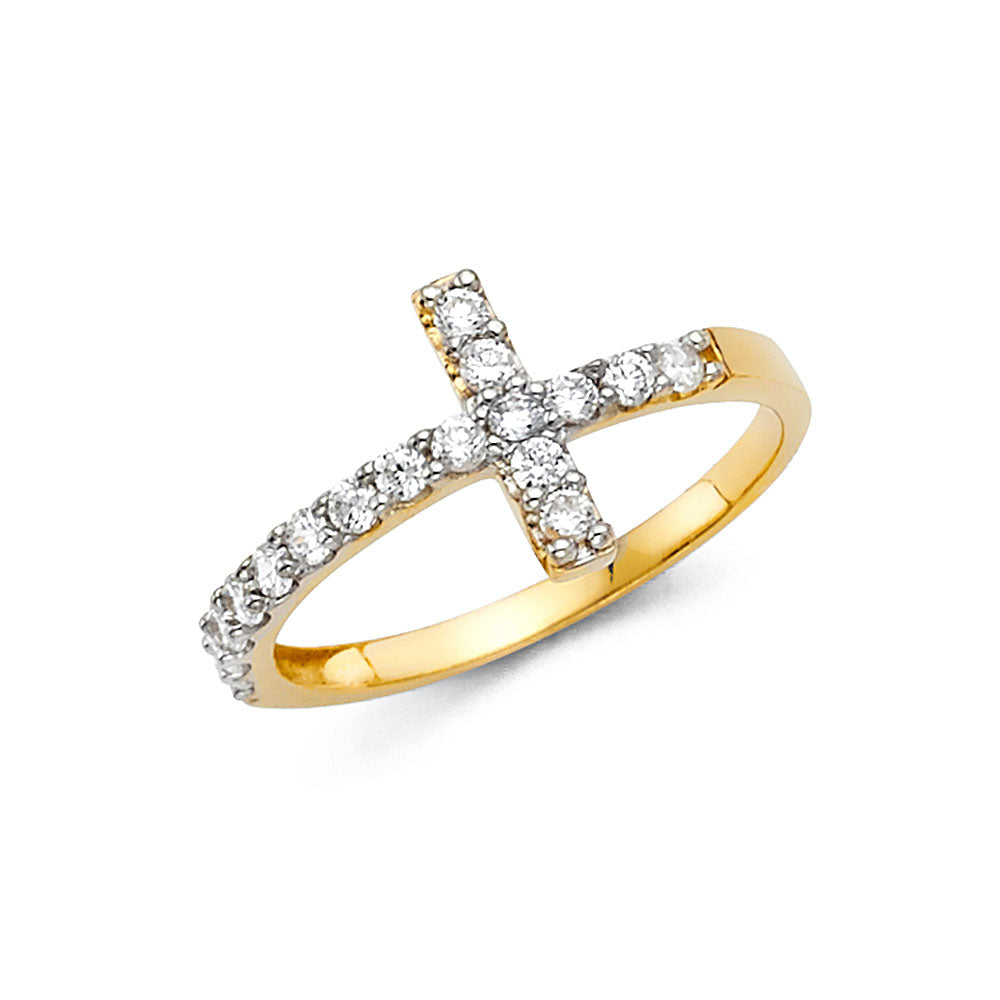 14k gold sideways cross cz ring