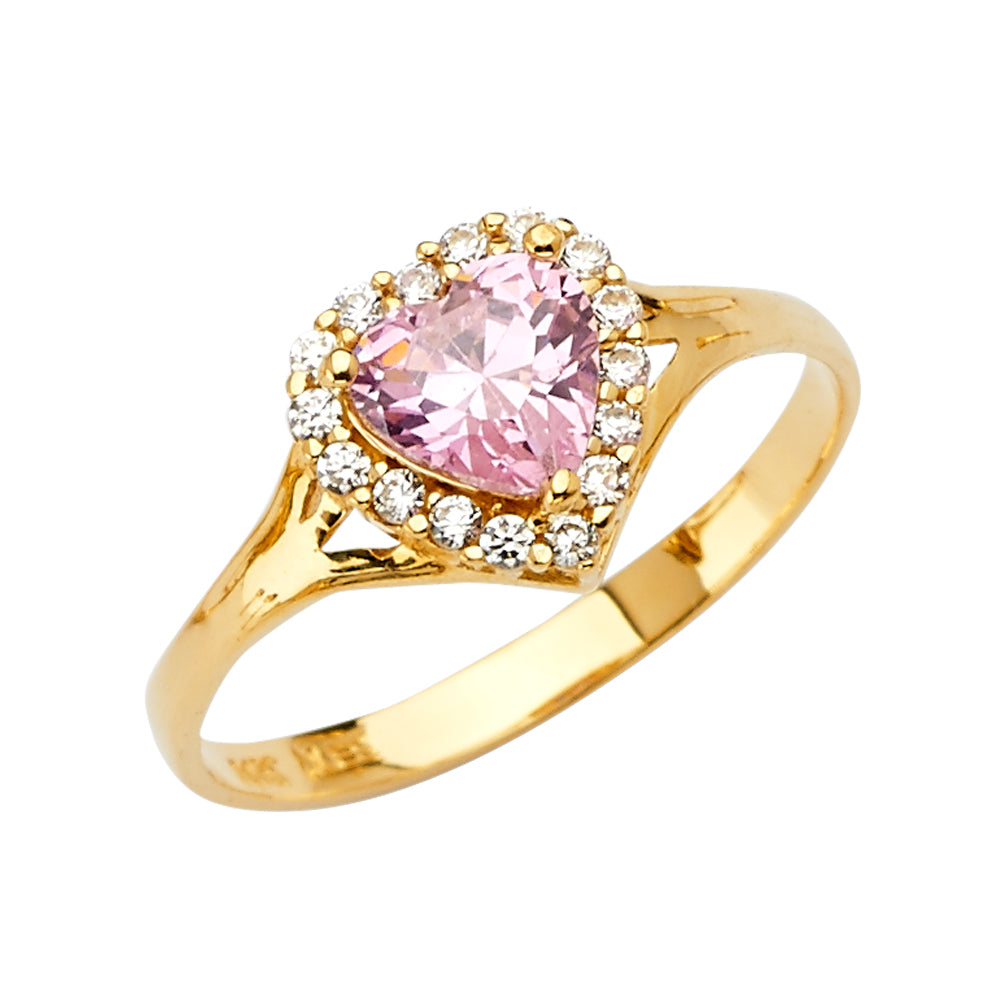 Anillo de oro macizo de 14 quilates con forma de corazón y circonita cúbica (rosa, verde, rojo, blanco)