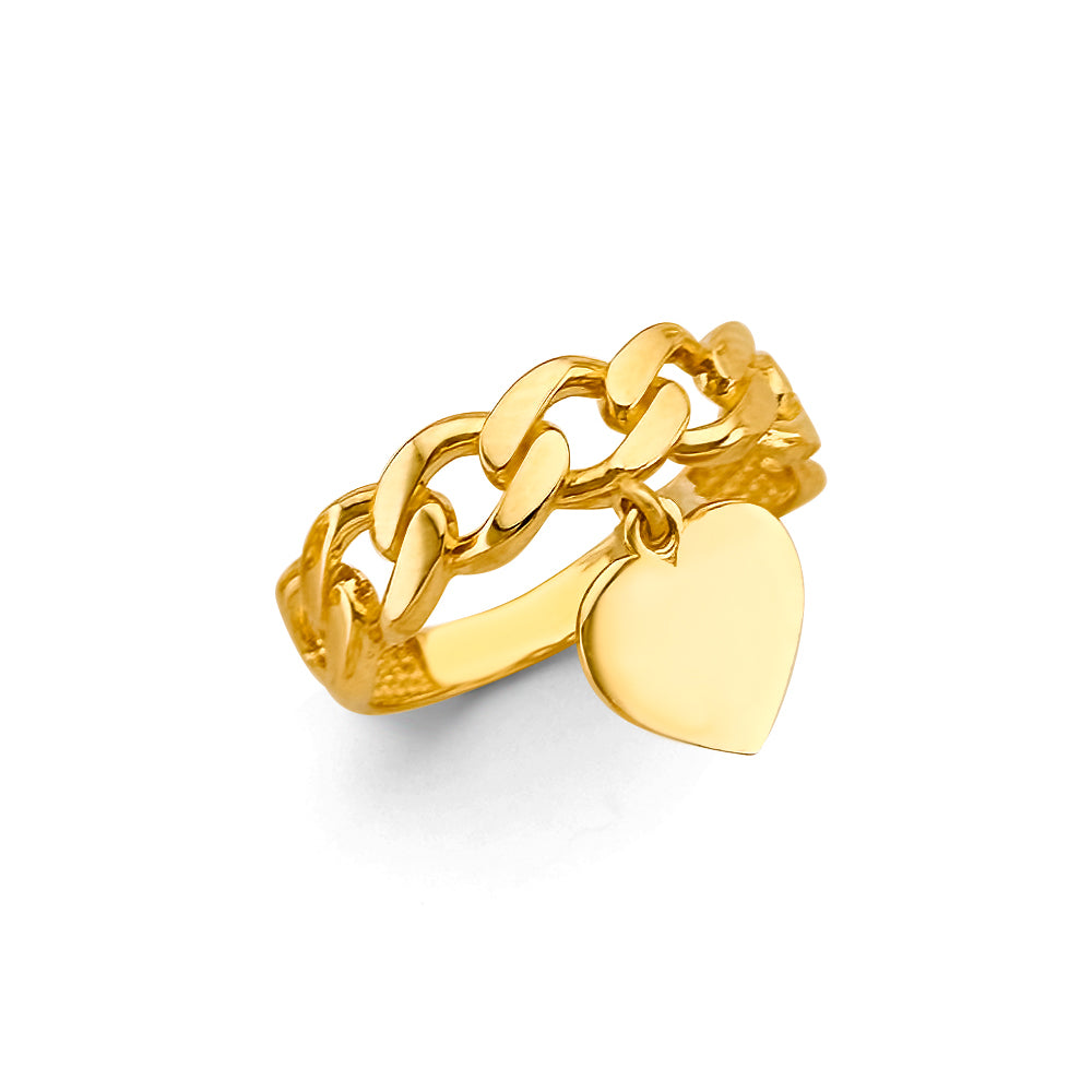 14K Gold Cuban Chain Link Ring with Heart Charm