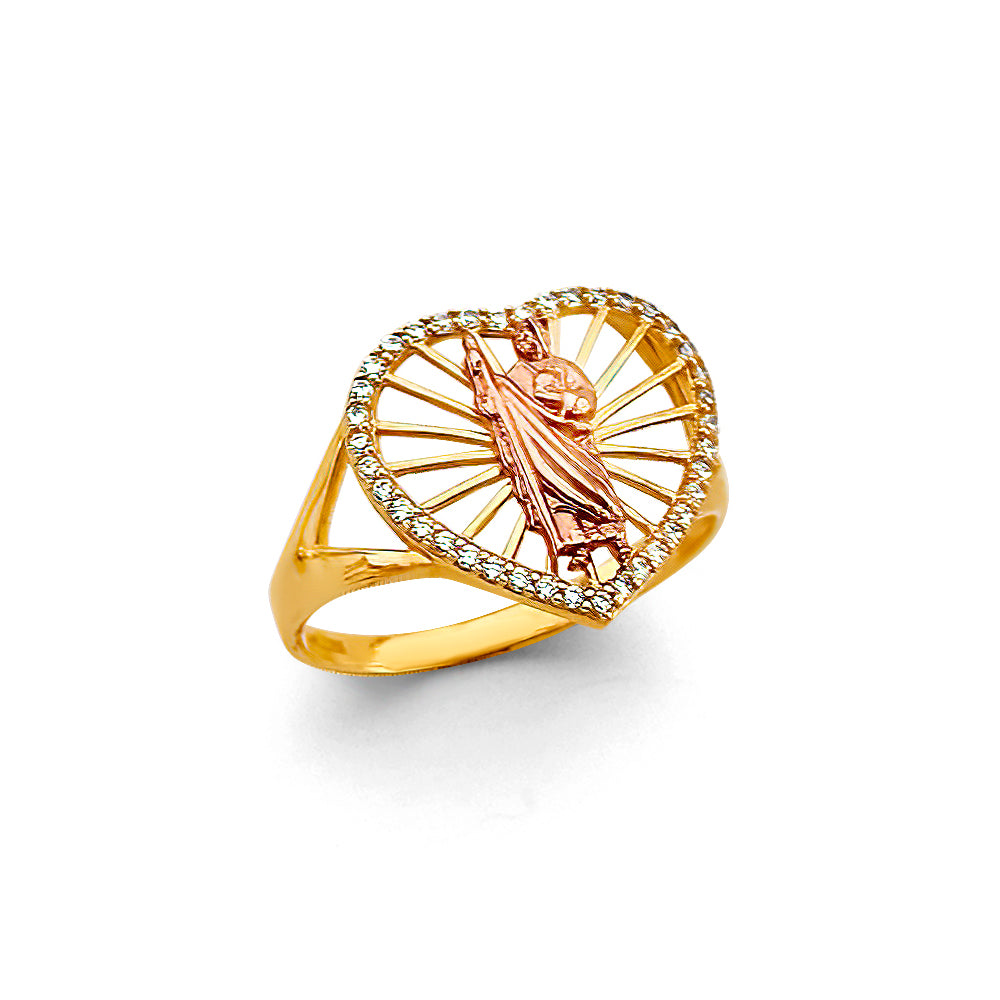 14k gold tri color cz heart san judas ring
