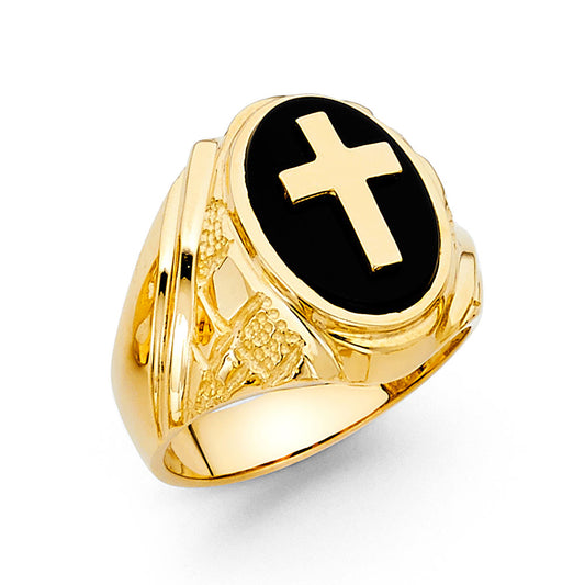 14K Solid Gold Cross Onyx Mens Ring