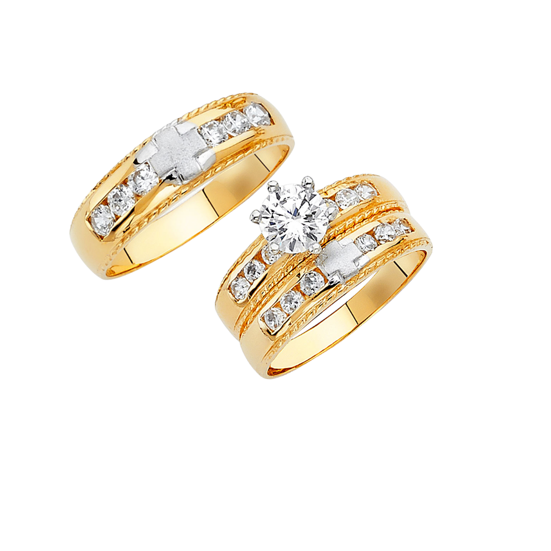 14k solid gold two tone engagement & wedding band set