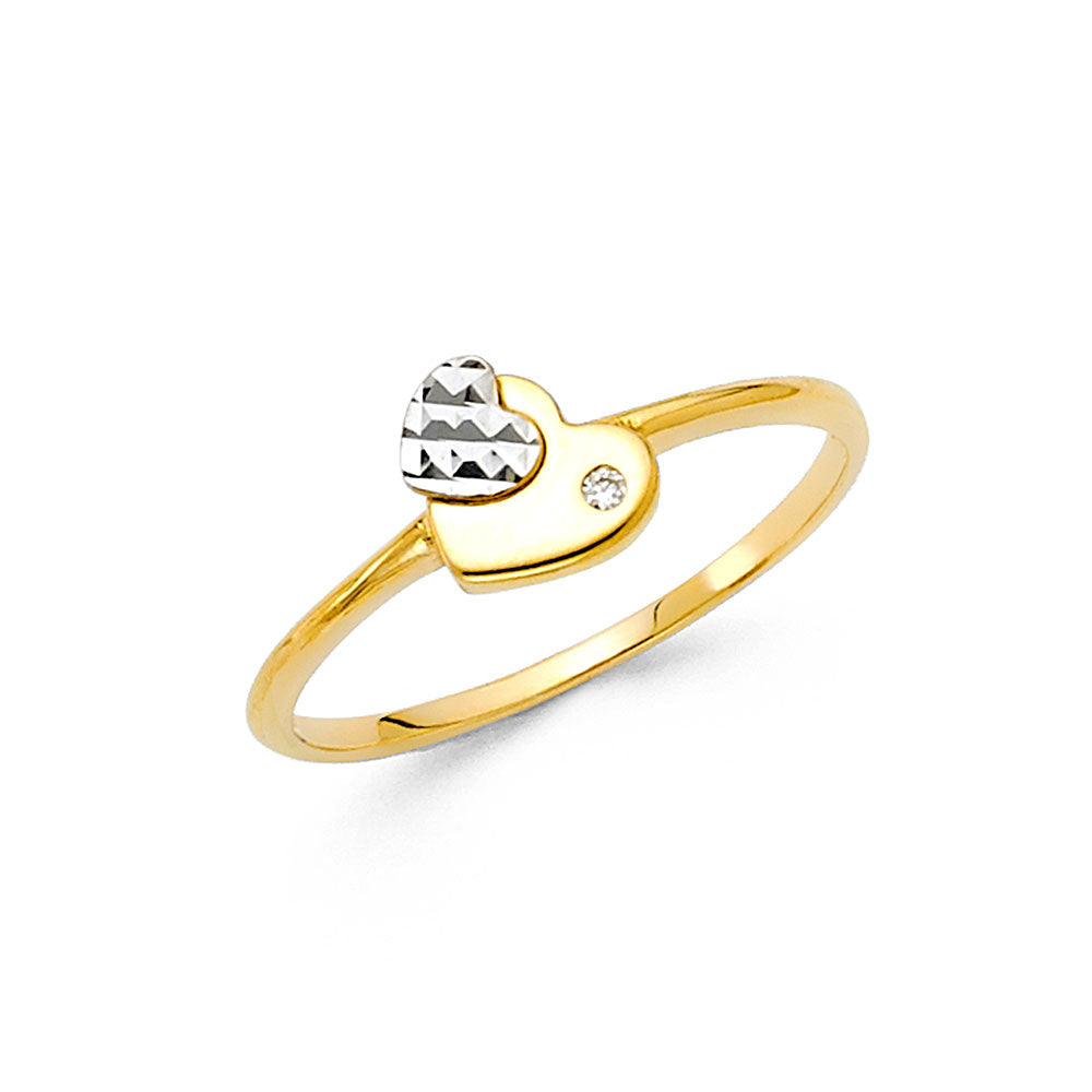 Anillo de doble corazón delicado de oro macizo de 14 quilates