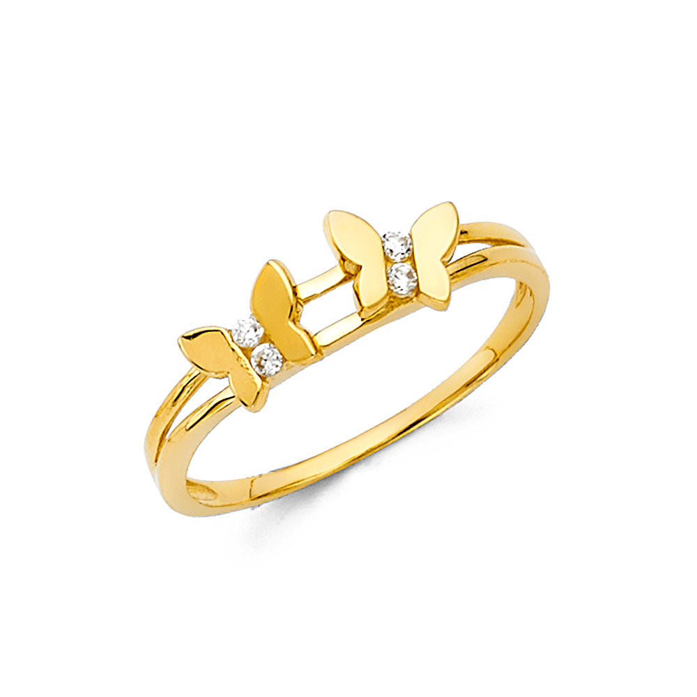 14K gold butterfly ring, double butterfly ring, dainty gold butterfly jewelry, real gold butterfly ring with CZ stones, gold stacking ring