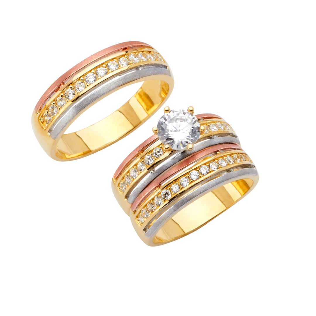 14K Solid Gold 3 Color Engagement & Wedding Band Set Trio