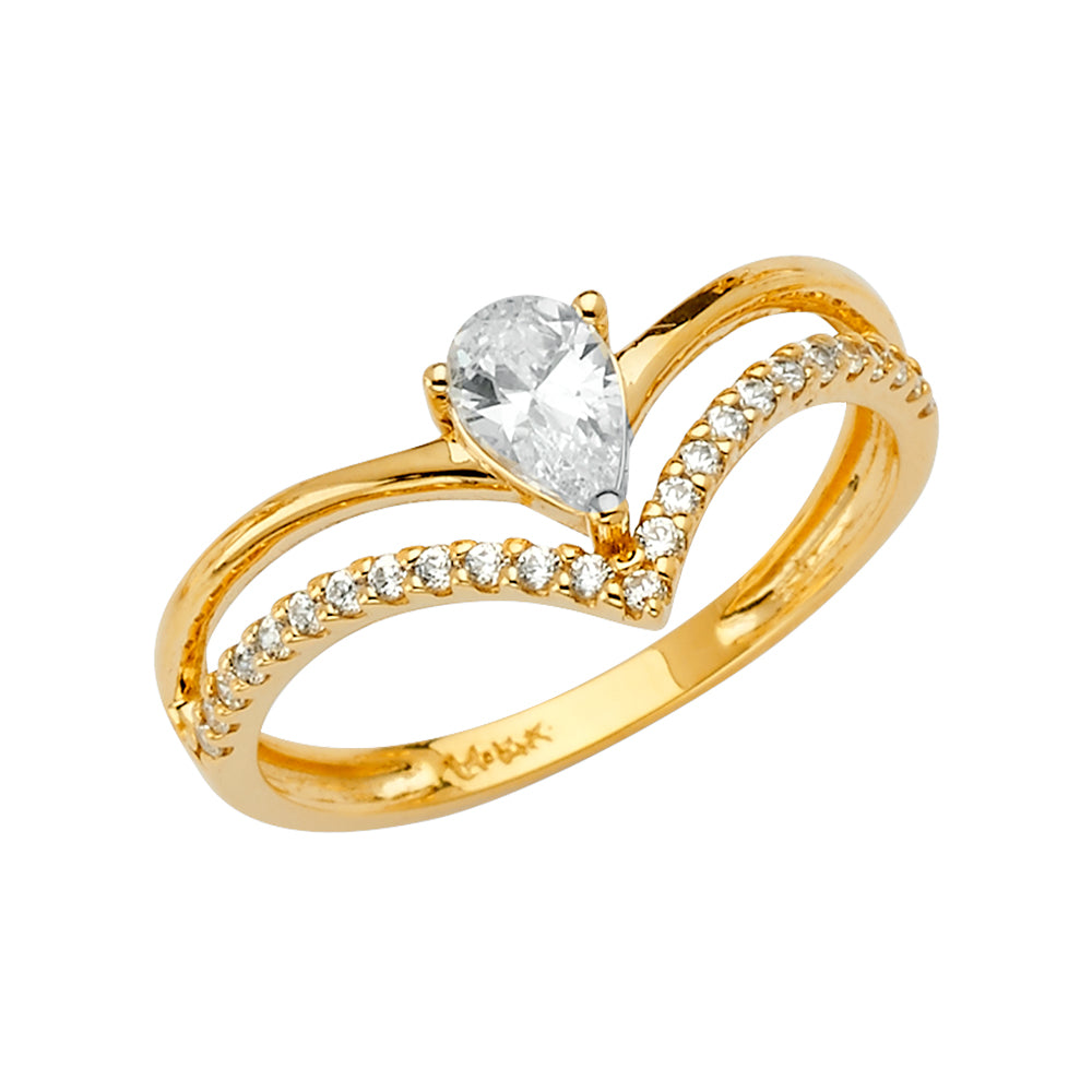 Anillo en forma de V con circonita cúbica de oro macizo de 14 quilates