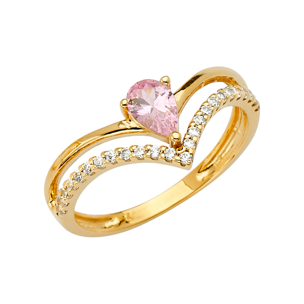 Anillo en forma de V con circonita cúbica de oro macizo de 14 quilates