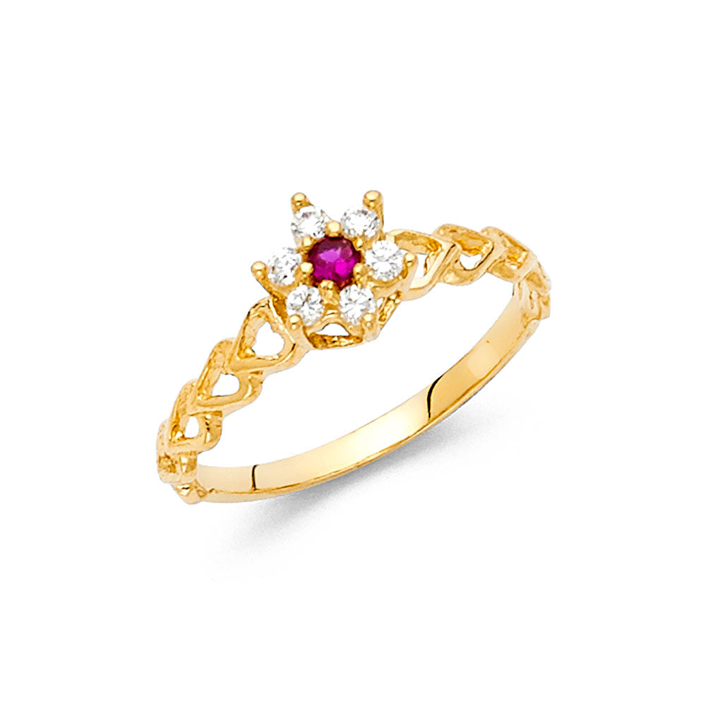 Anillo de flor de circonita blanca y roja de oro amarillo de oro macizo de 14 quilates
