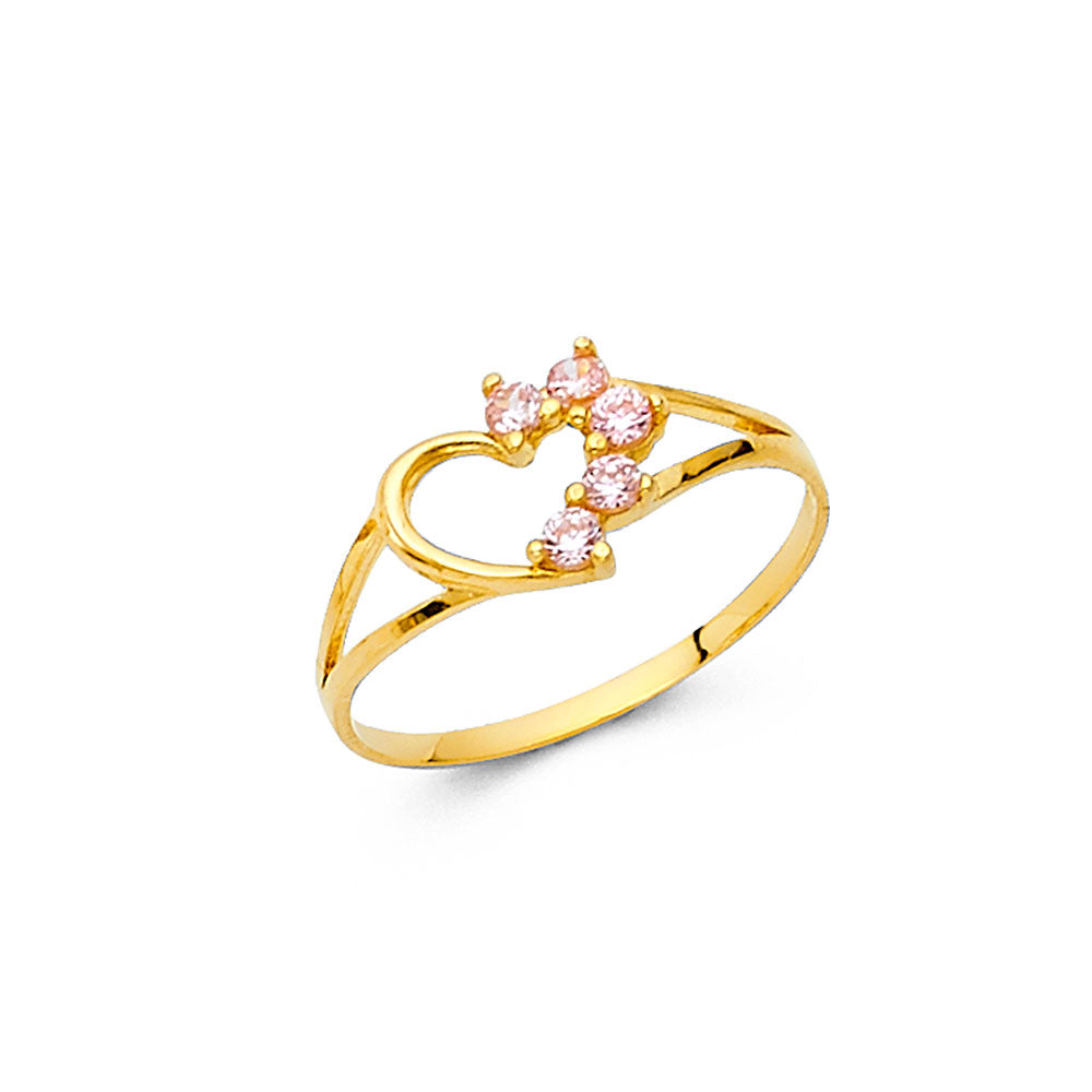 14K Gold Half-Heart CZ Baby Ring – Solid 14K yellow gold with half-heart design and colorful CZ accents. Available in white, pink, and red. Perfect for babies or as a dainty women’s pinky ring