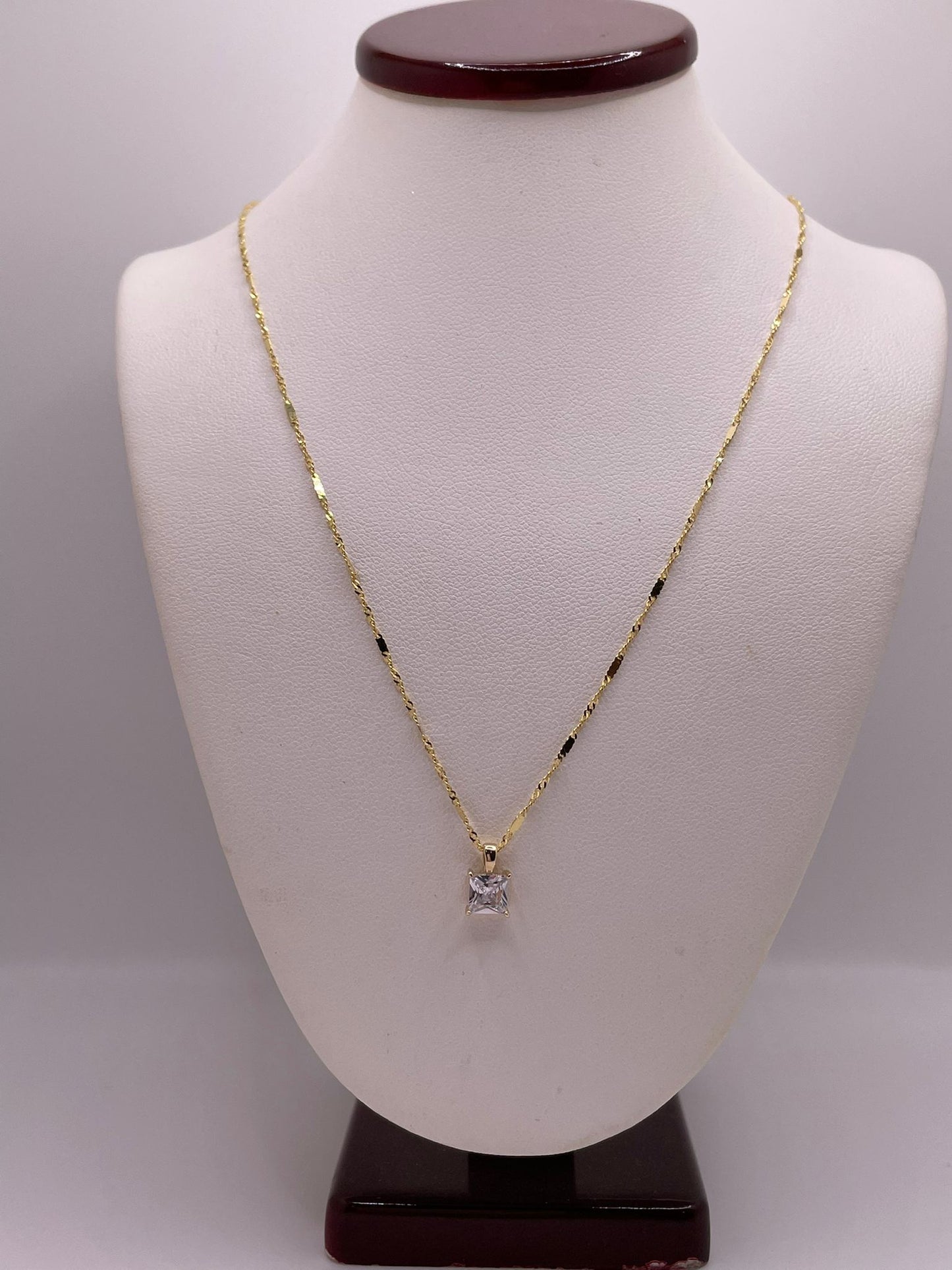 14K Gold 16" Singapore Bar Chain with Square CZ Pendant