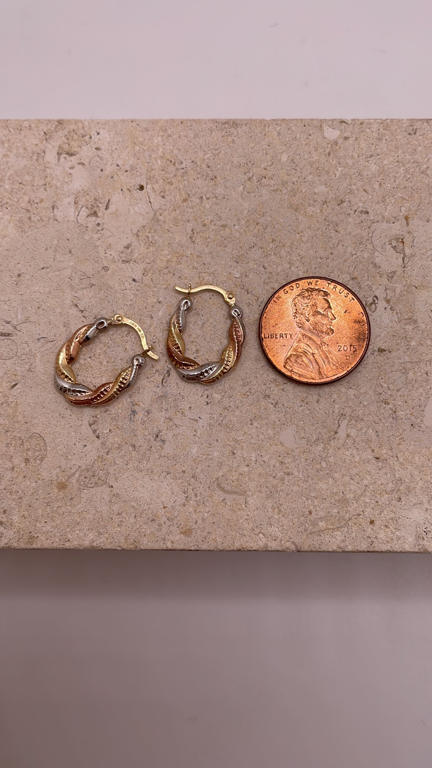 14k gold tri color hollow hoop earrings (048)