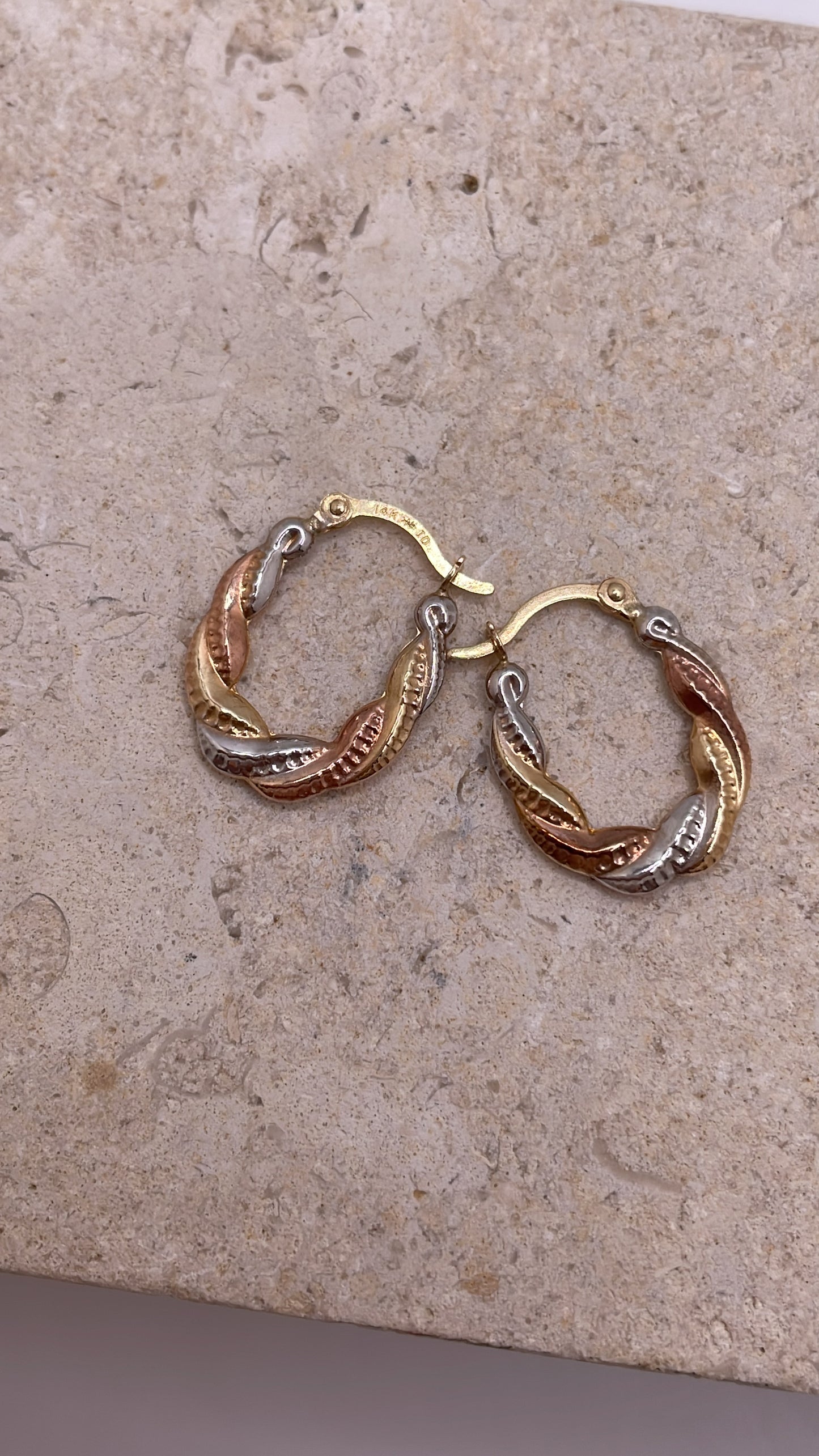 14k gold tri color hollow hoop earrings (048)