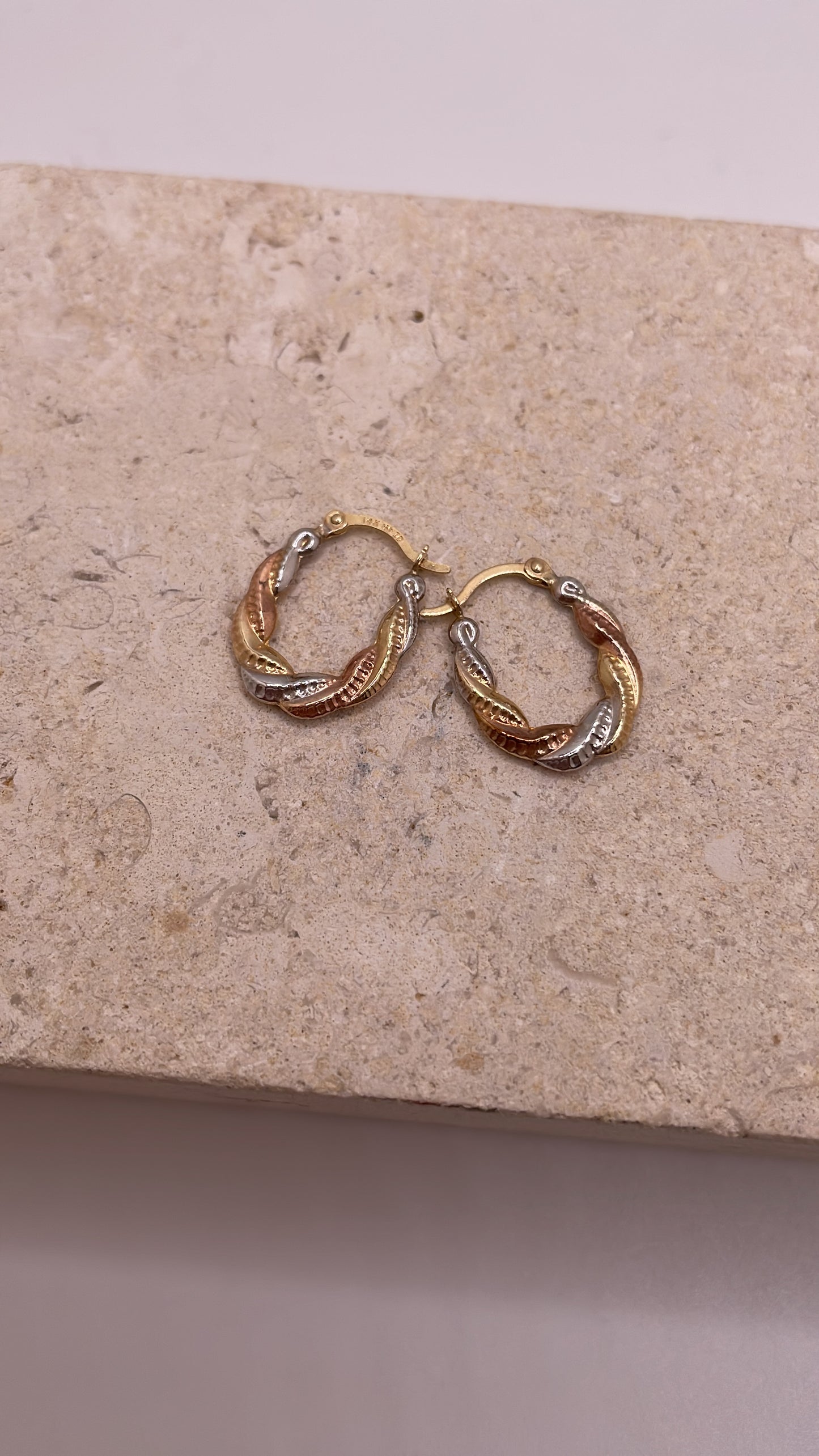 14K tri-color twisted hollow hoop earrings with textured design, 17mm height, lightweight and elegant