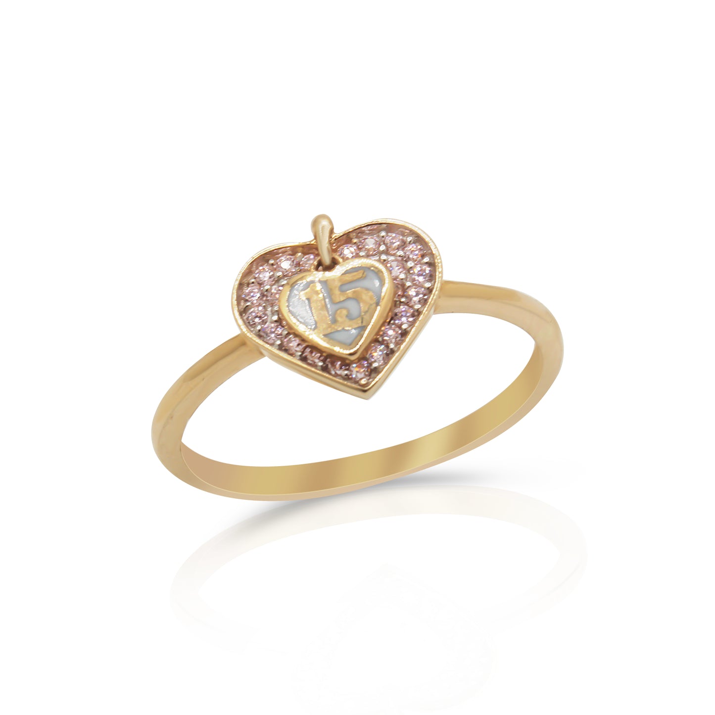 14k solid gold quinceañera heart ring with pink cz stones and 15 charm