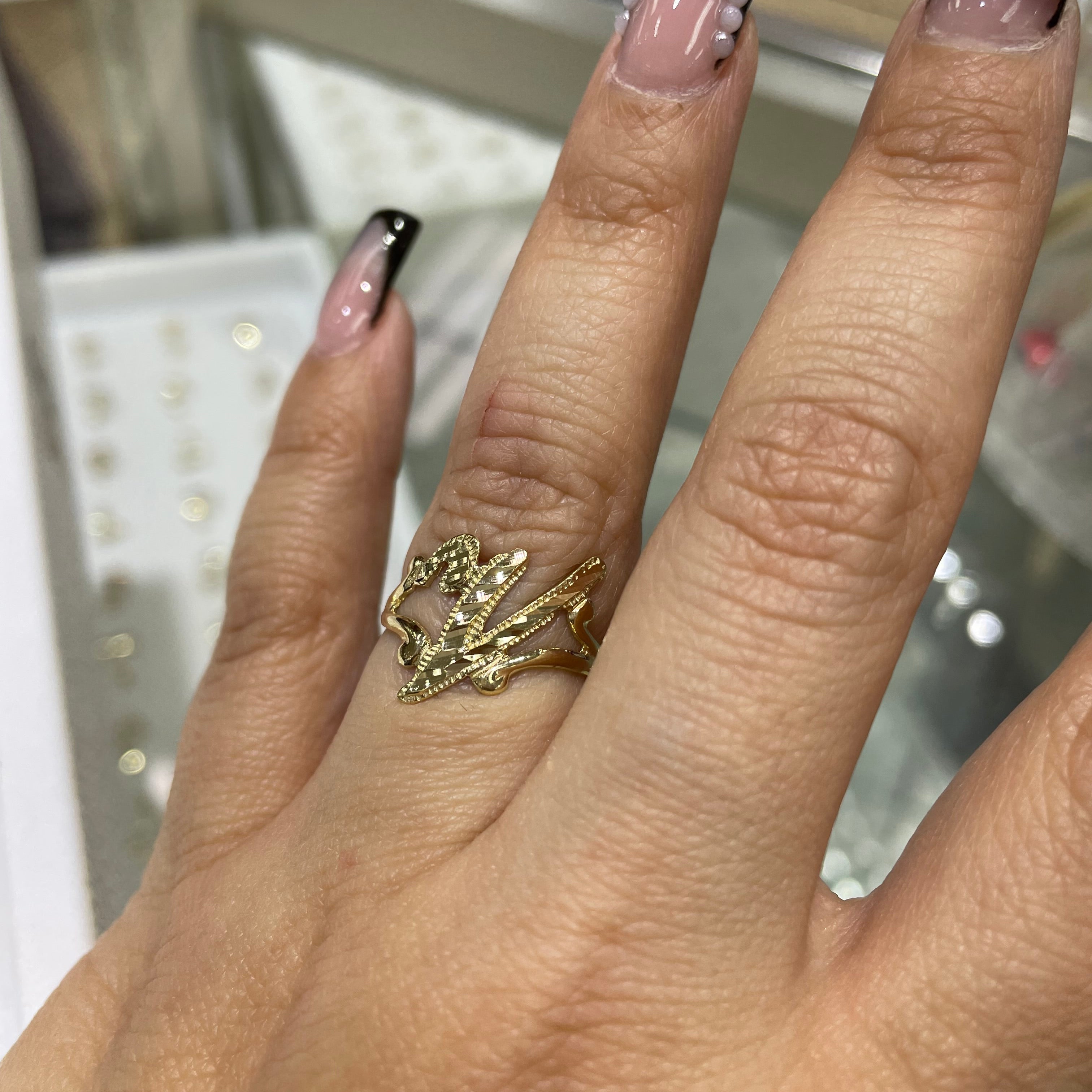 14k gold “v” cursive initial ring