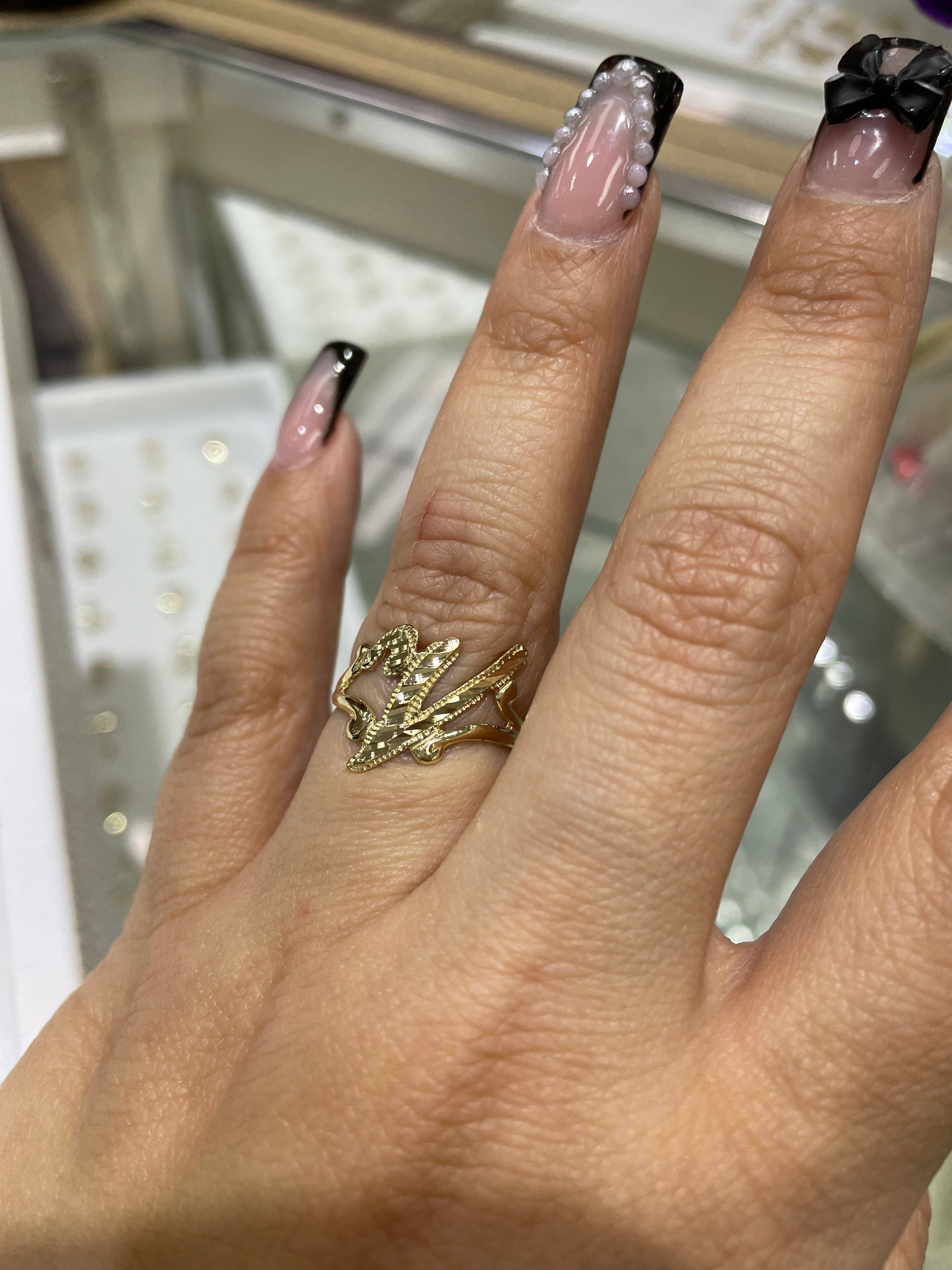 14k gold “v” cursive initial ring
