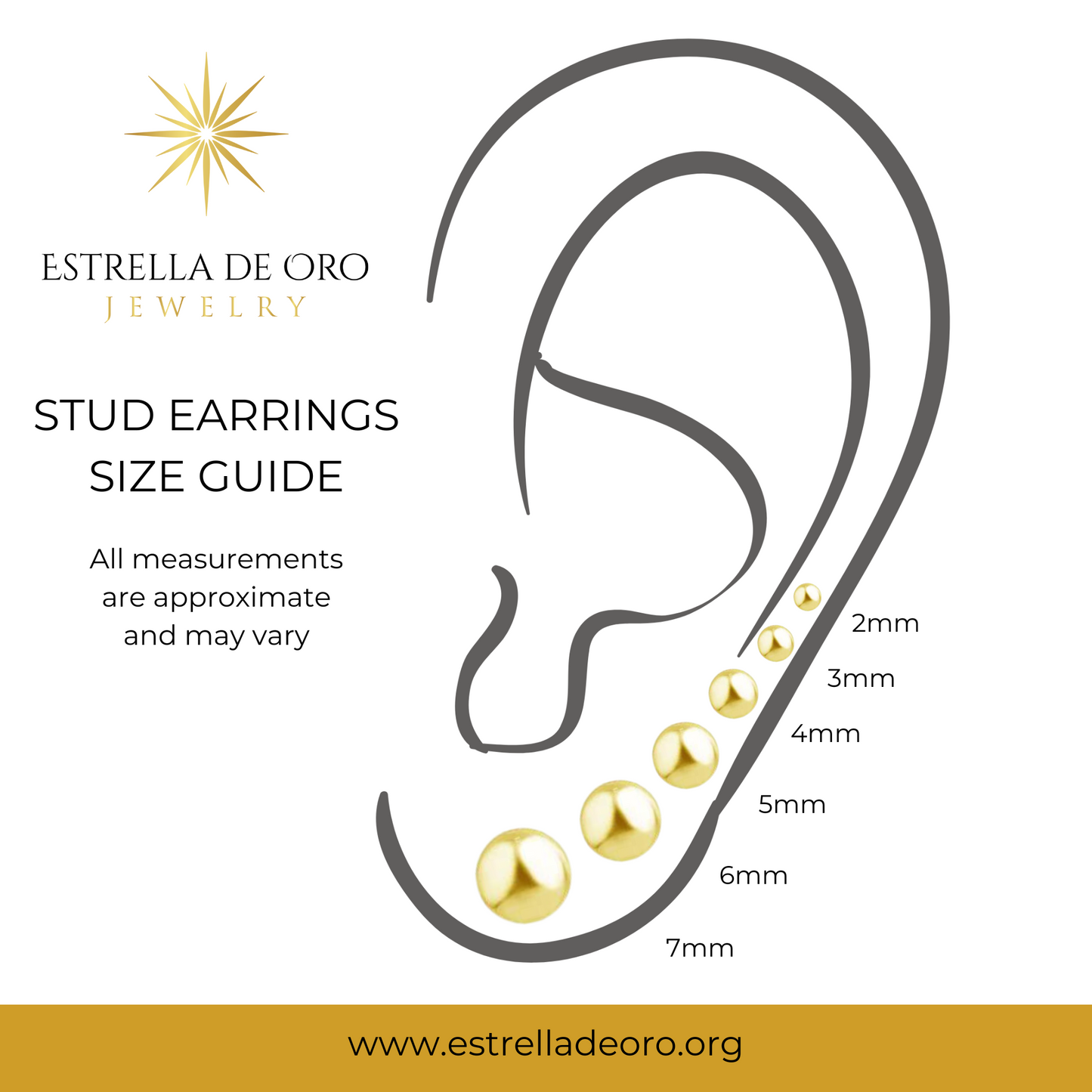 Aretes de media bola con talla de diamante en oro macizo de 14 quilates