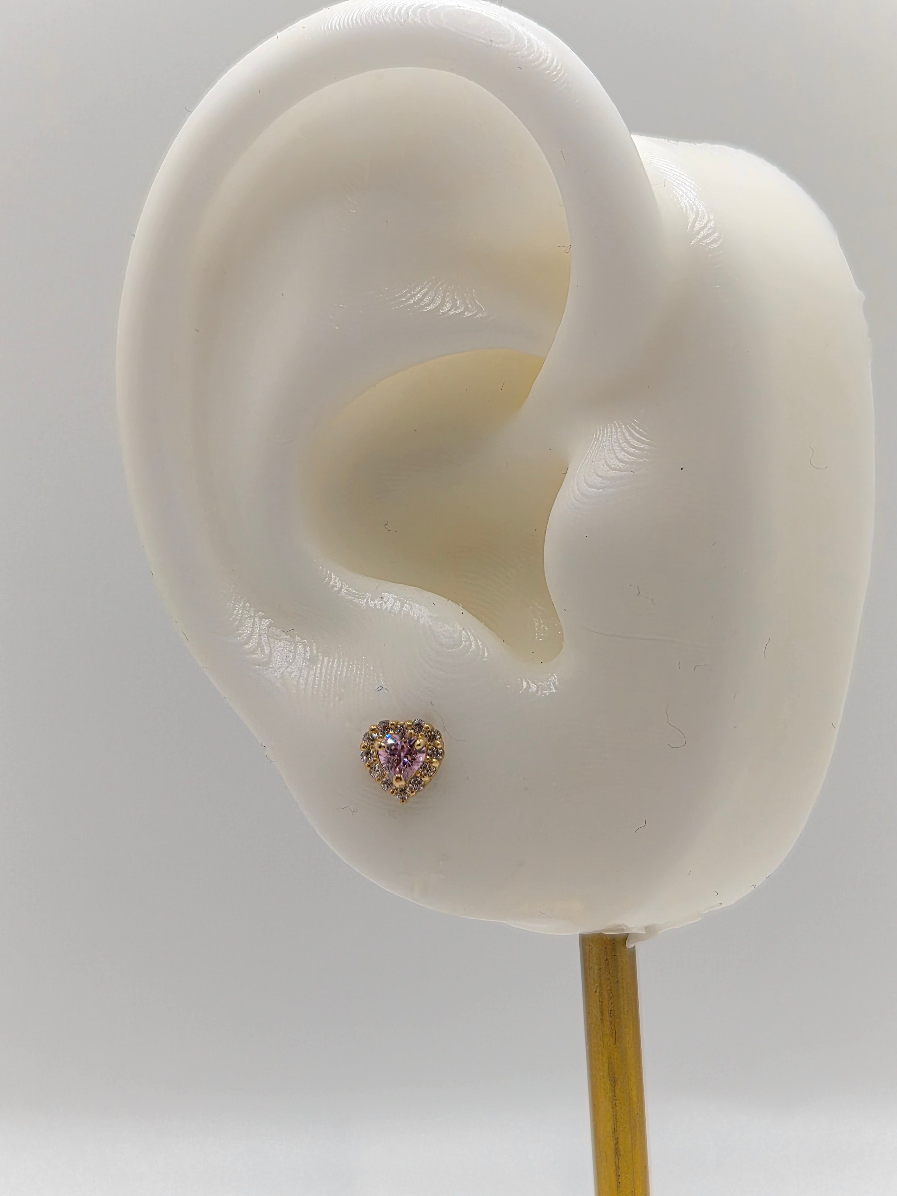 14K Gold Heart CZ Heart Screw Back Earrings (Pink, White, or Teal CZ)