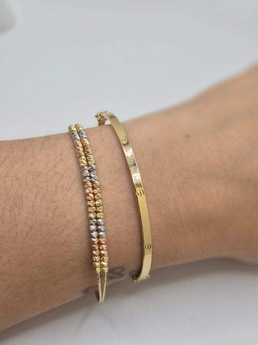 14K Tri-Color Diamond-Cut Bead Bangle
