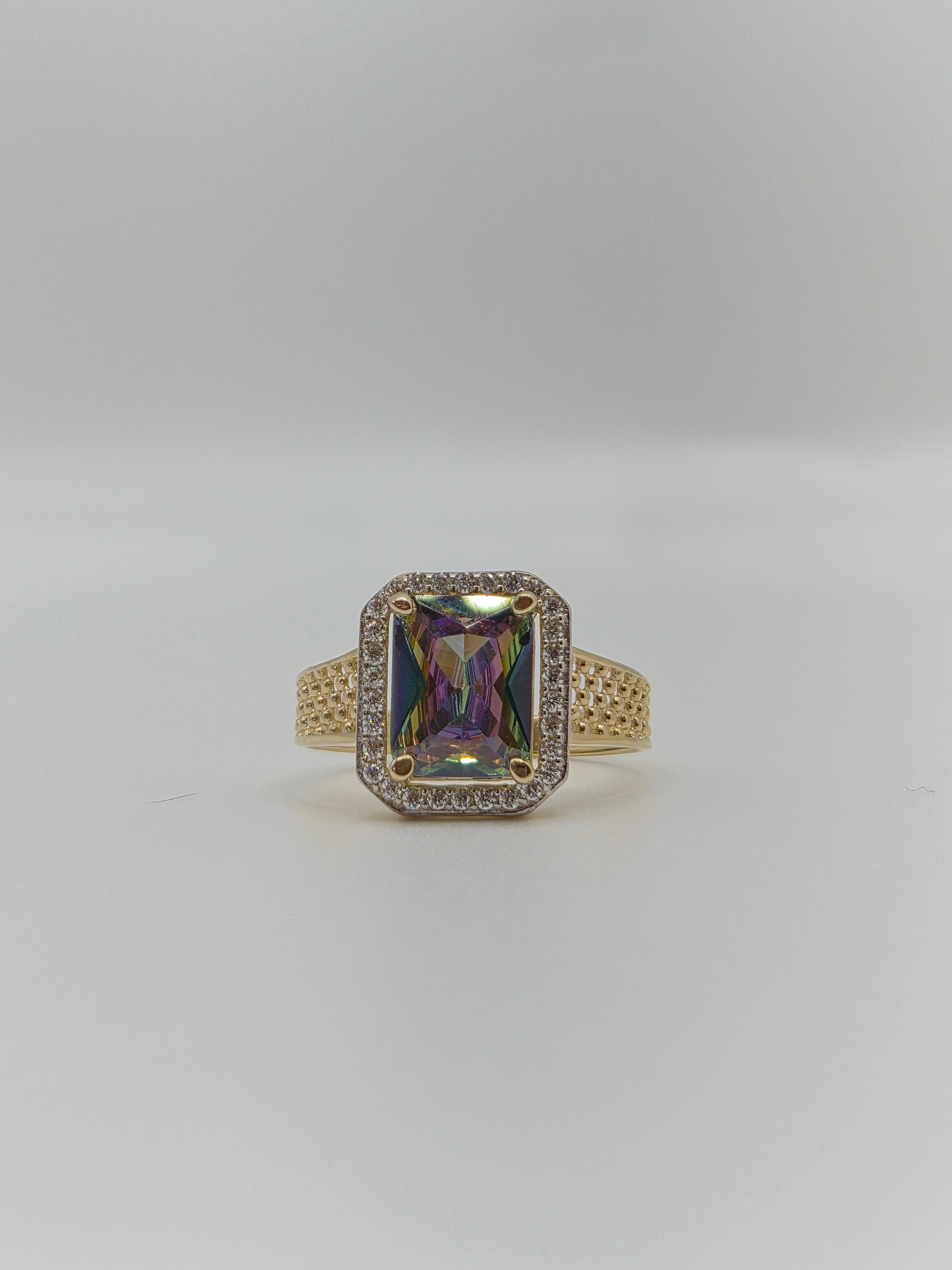 14K Yellow Gold Emerald-Cut Mystic CZ Ring