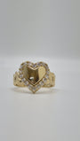14K gold heart halo ring with CZ stone border and chain-link band design