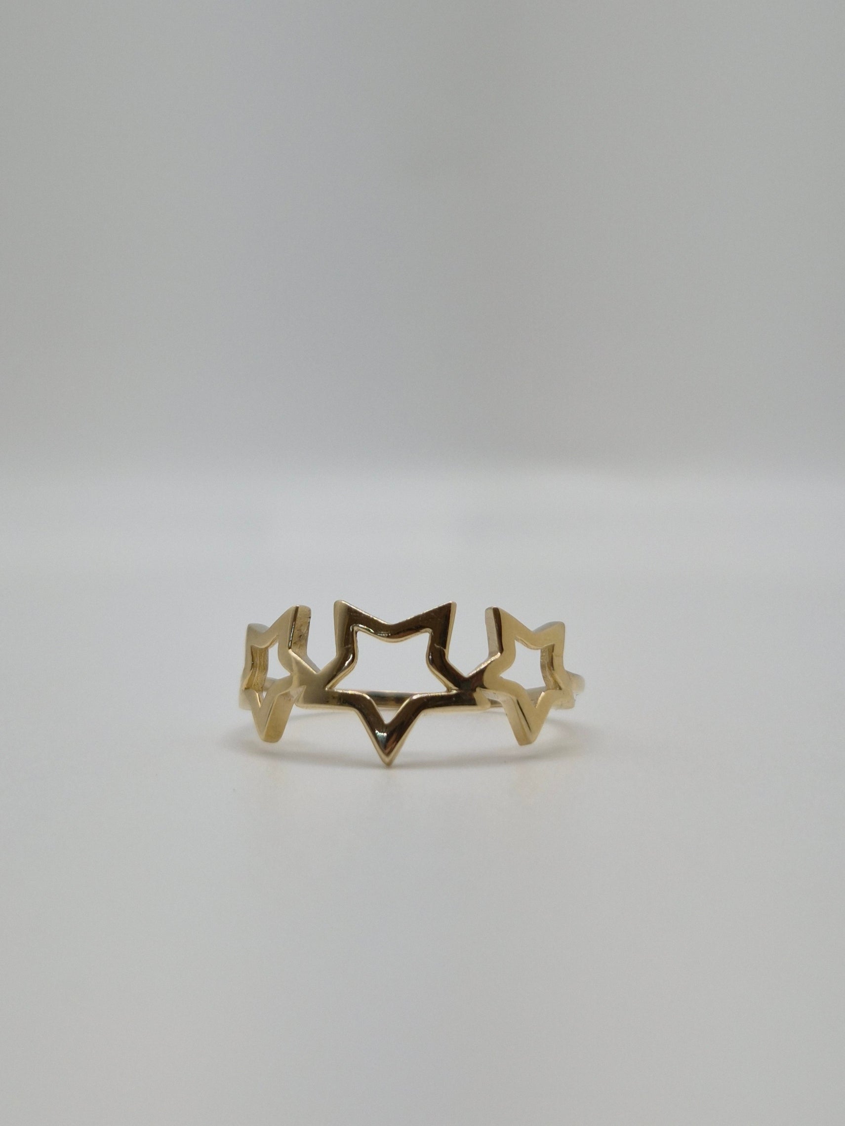 14K yellow gold open star ring with triple star design, dainty celestial stacking ring for women, fine gold jewelry.