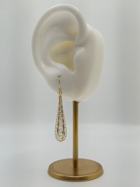 Aretes colgantes en forma de lágrima de dos tonos de oro macizo de 14 k