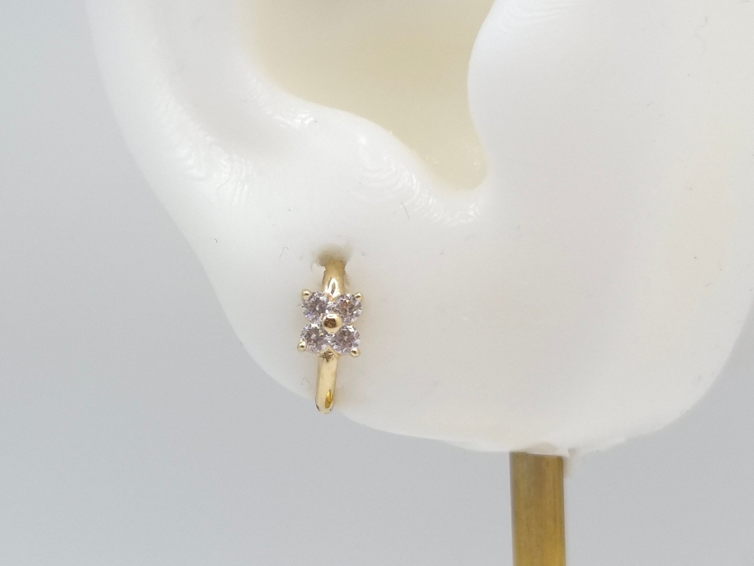 14K Yellow Gold Flower CZ Huggie Hoop Earrings