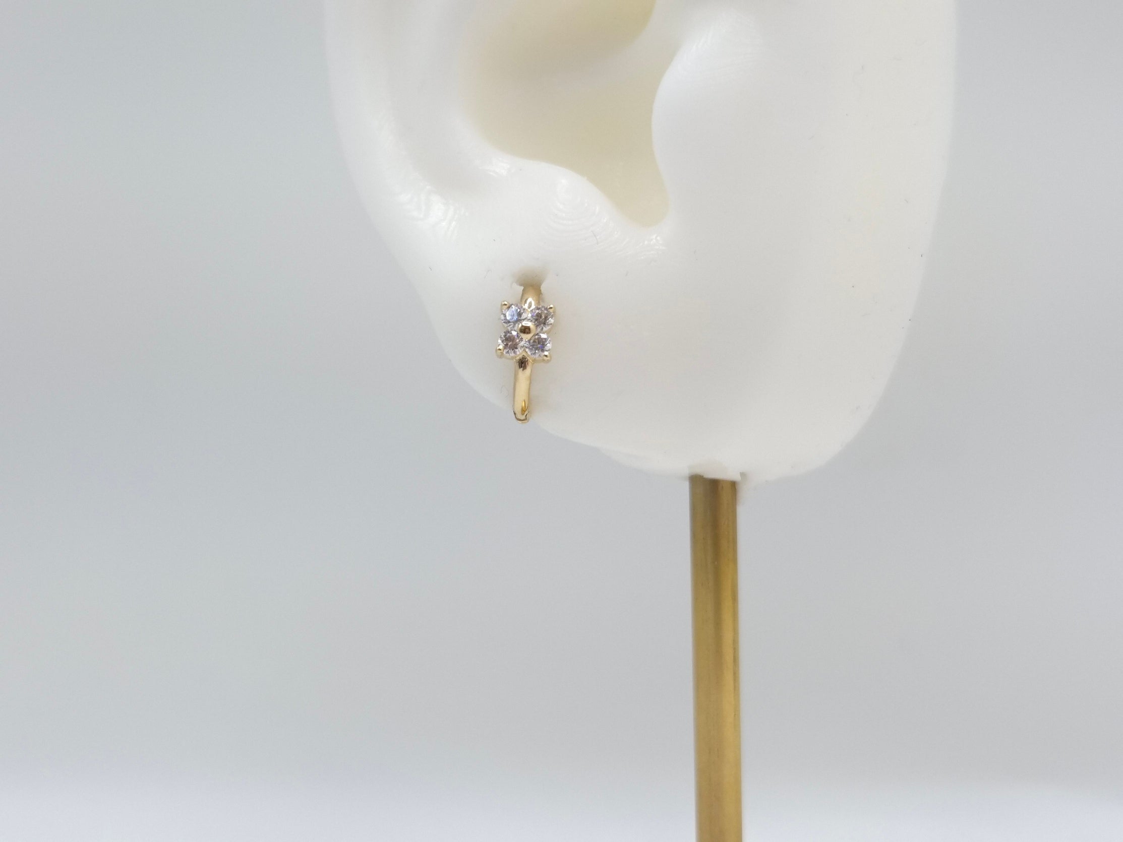 14K Yellow Gold Flower CZ Huggie Hoop Earrings