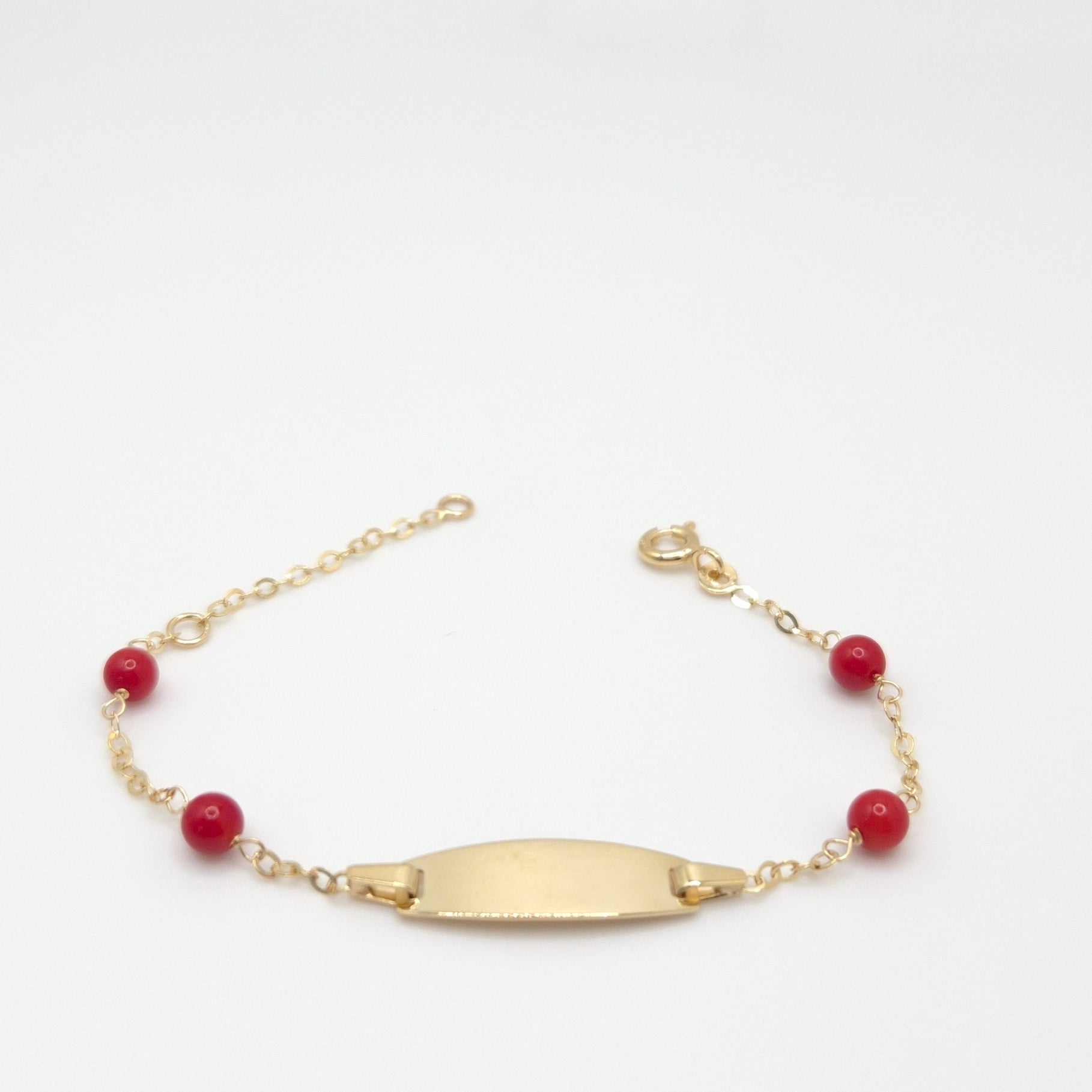 Pulsera de identificación de bebé con coral en oro amarillo de 14 quilates