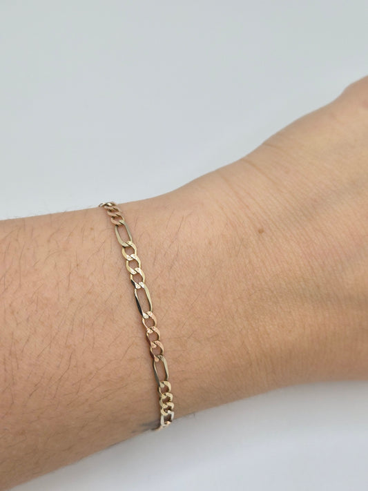 Pulsera Figaro de oro macizo de 14 quilates, 3,7 mm, 3 colores, 7"