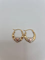14K tri-color gold heart hoop earrings with rose gold center heart and white gold frame, 17mm hollow design.