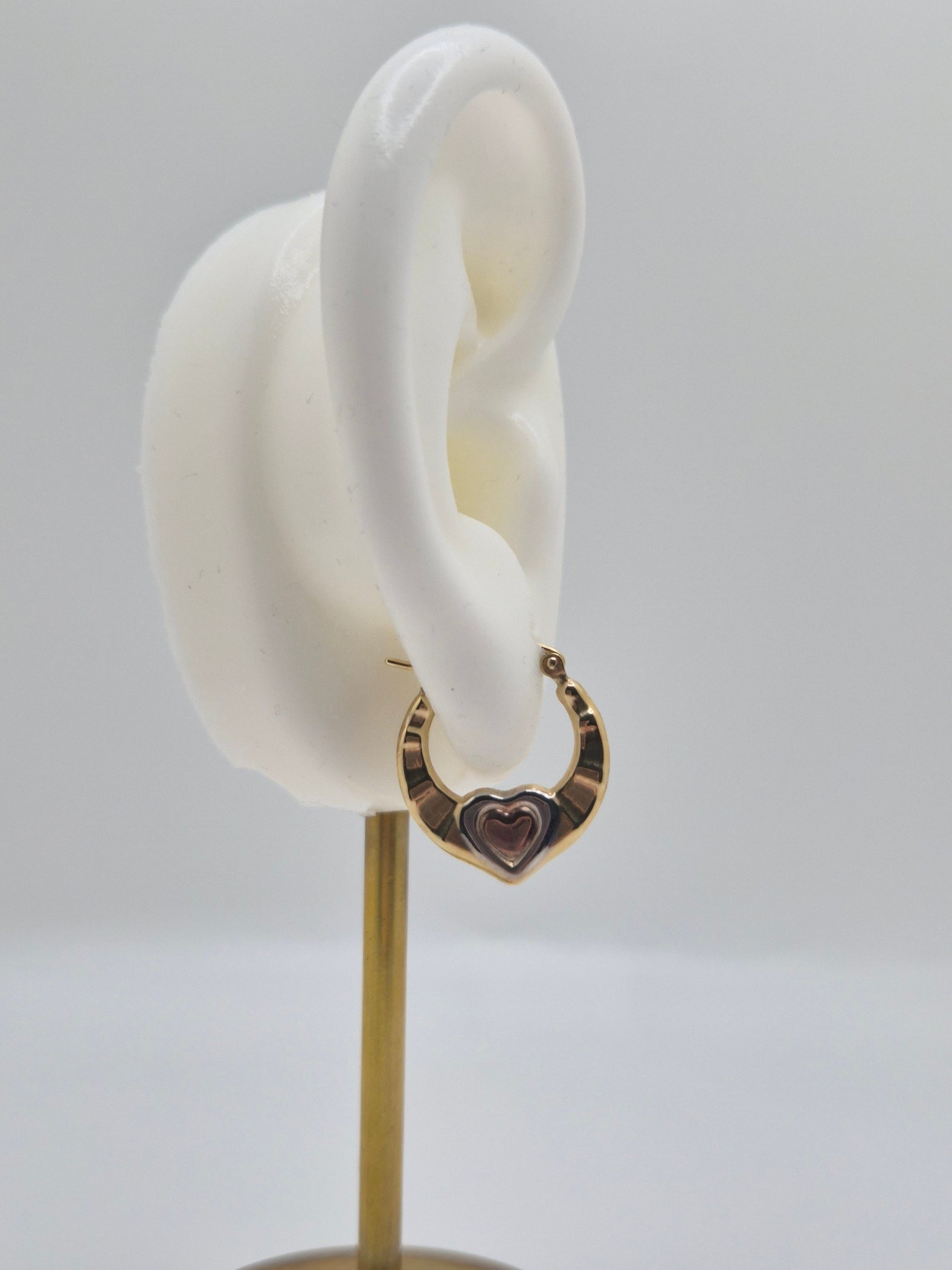 14K tri-color gold heart hoop earrings with rose gold center heart and white gold frame, 17mm hollow design.