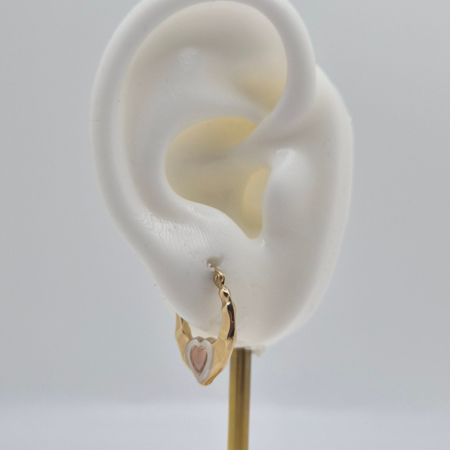 14K tri-color gold heart hoop earrings with rose gold center heart and white gold frame, 17mm hollow design.
