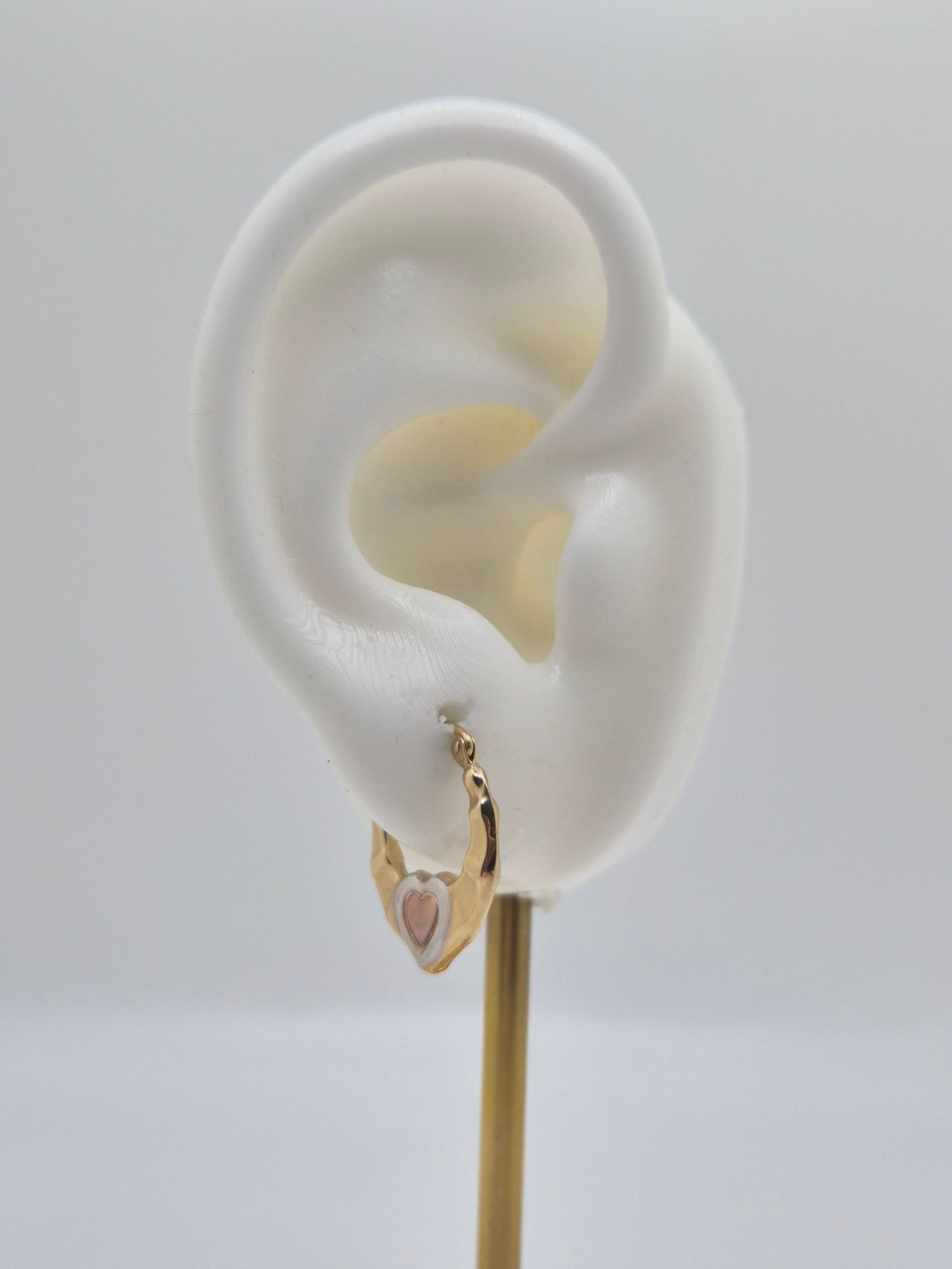 14K tri-color gold heart hoop earrings with rose gold center heart and white gold frame, 17mm hollow design.