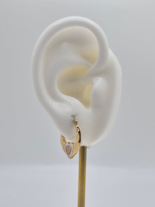14K tri-color gold heart hoop earrings with rose gold center heart and white gold frame, 17mm hollow design.