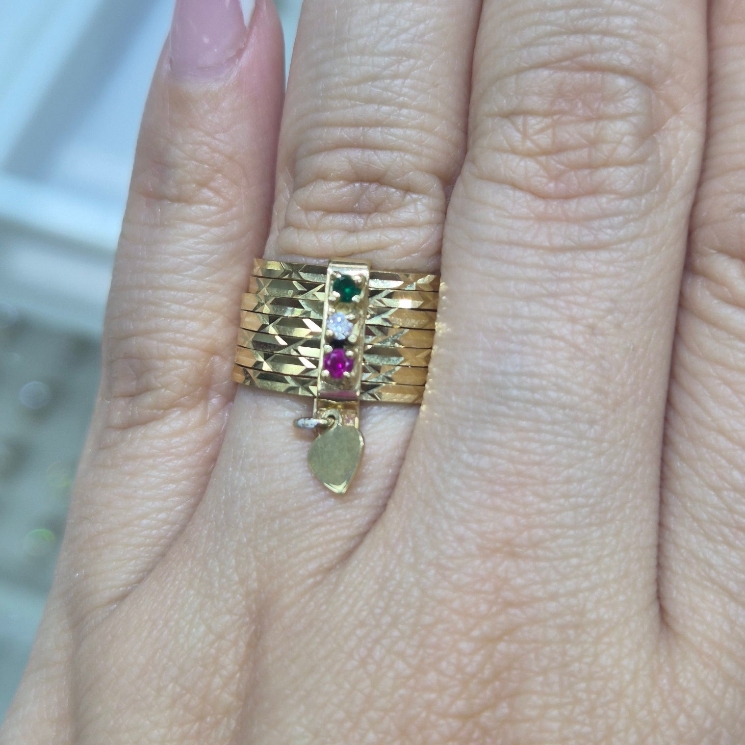 14K Gold Seminario Ring with Red, White & Green CZs and Heart Charm