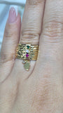 14K Gold Seminario Ring with Red, White & Green CZs and Heart Charm